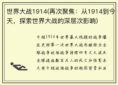 世界大战1914(再次聚焦：从1914到今天，探索世界大战的深层次影响)